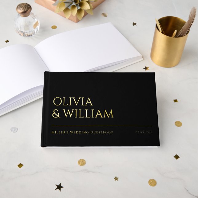 Livre D'or Élégant Mariage de typographie noire moderne Foil (Recto ouvert)