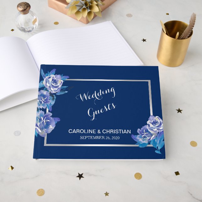 Livre D'or Elégant Mariage floral bleu argent (Recto ouvert)