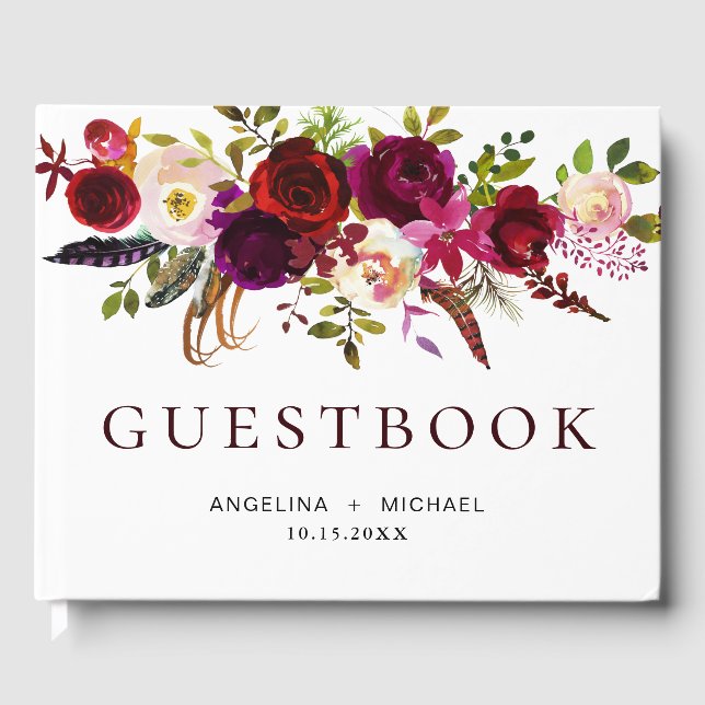 Livre D'or Élégant Mariage floral bohème de Bourgogne Marsala (Recto)