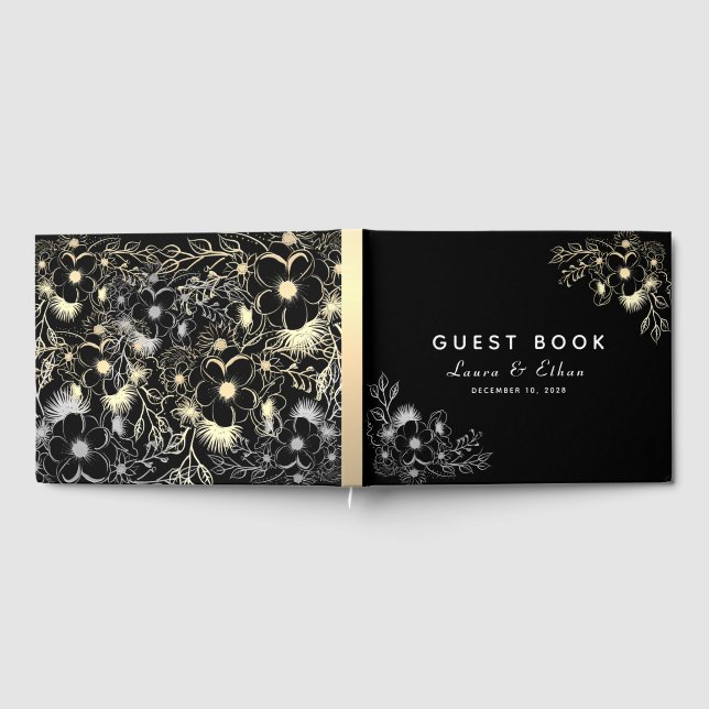 Livre D'or Élégant Mariage floral noir et or (Complet)