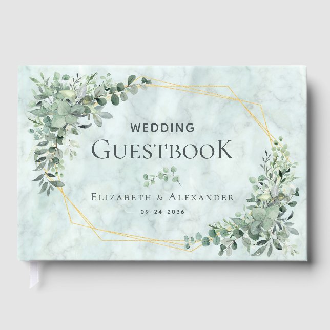 Livre D'or Élégant Mariage géométrique Eucalyptus en marbre (Recto)