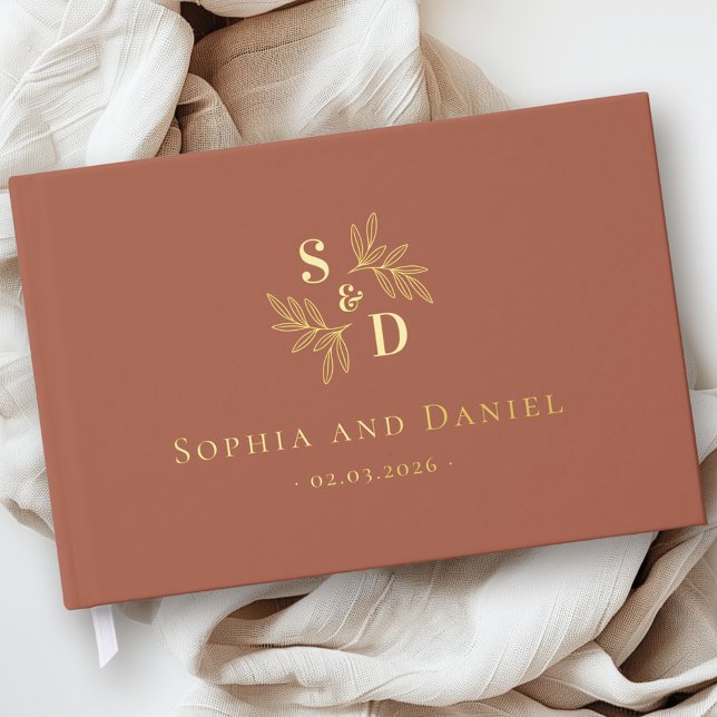 Livre D'or Élégant mariage monogramme verdure feuille vrai fe (Elegant wedding monogram greenery leaves real foil guest book)