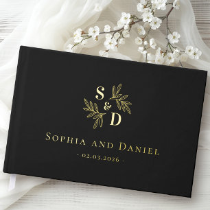 Livre D'or Élégant mariage monogramme verdure feuille vrai fe