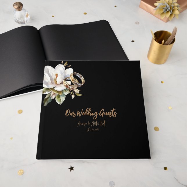 Livre D'or Élégant Mariage or et noir Mariage anneau (Recto ouvert)