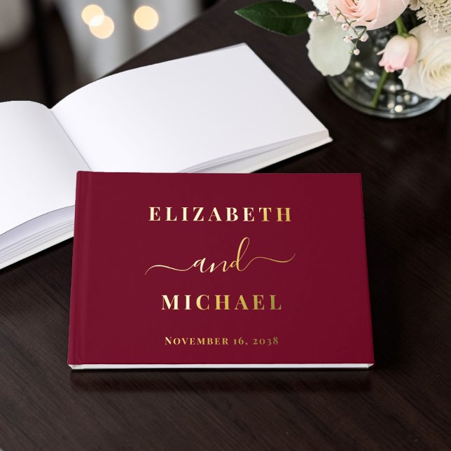Livre D'or Élégant Mariage Script Bourgogne (Elegant Script Burgundy Wedding Foil Guest Book)