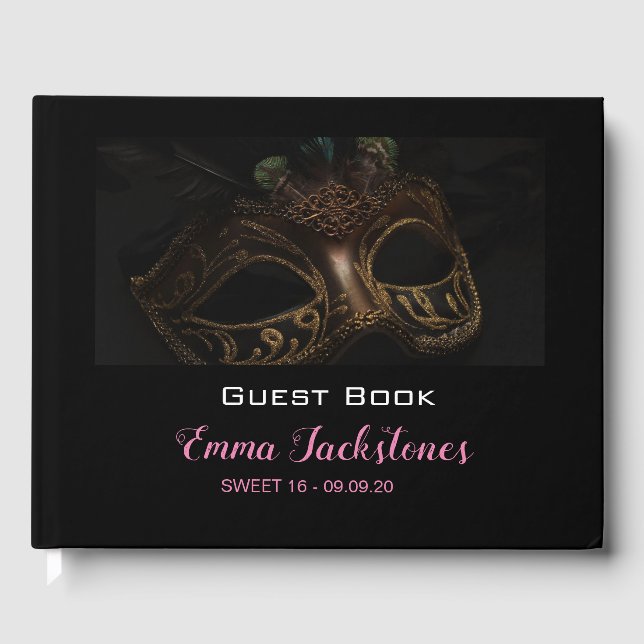 Livre D'or Elégant Masque noir & rose Masquerade Sweet 16 (Recto)