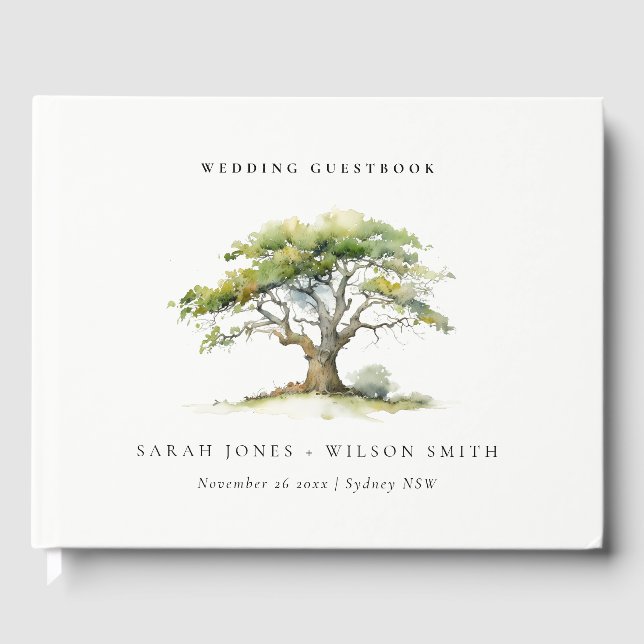 Livre D'or Elégant minimal vert aquarelle Mariage chêne arbre (Recto)