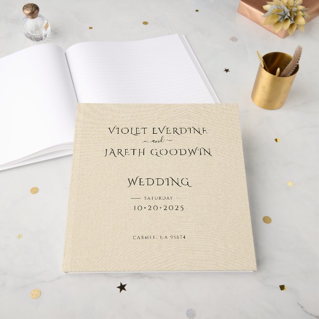 Livre D'or Élégant minimaliste Crème Lin Effet Mariage (Recto ouvert)