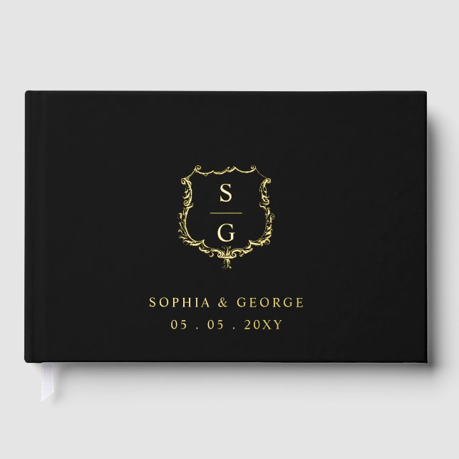 Livre D'or Élégant Monogram Crest Black and Gold Mariage (Recto)