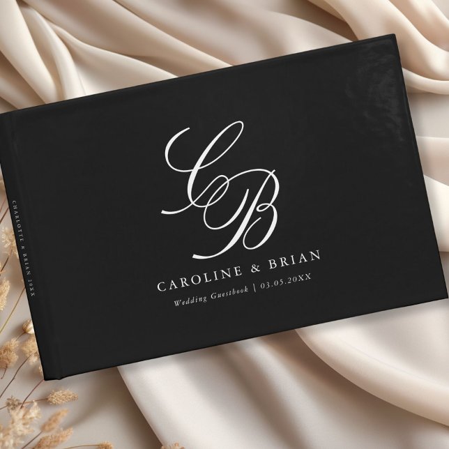 Livre D'or Élégant, Monogramme, Mariage (Elegant, Monogram, Black, Wedding Guest Book with your name and date.)
