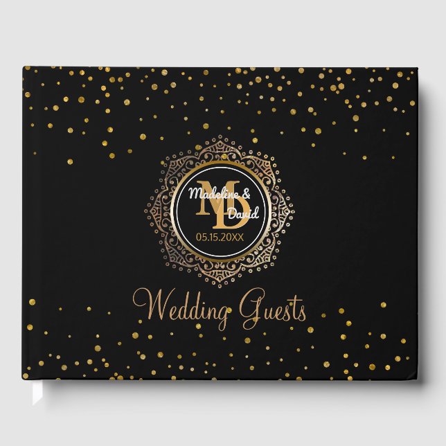 Livre D'or Élégant monogramme | Mariage Confetti en or noir (Recto)
