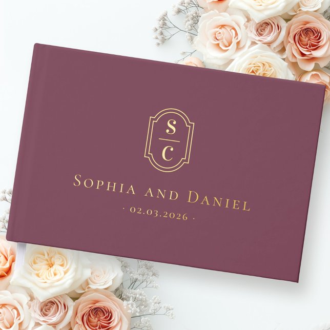 Livre D'or Élégant monogramme mauve noms de mariage date feui (Elegant monogram mauve wedding names date foil guest book)