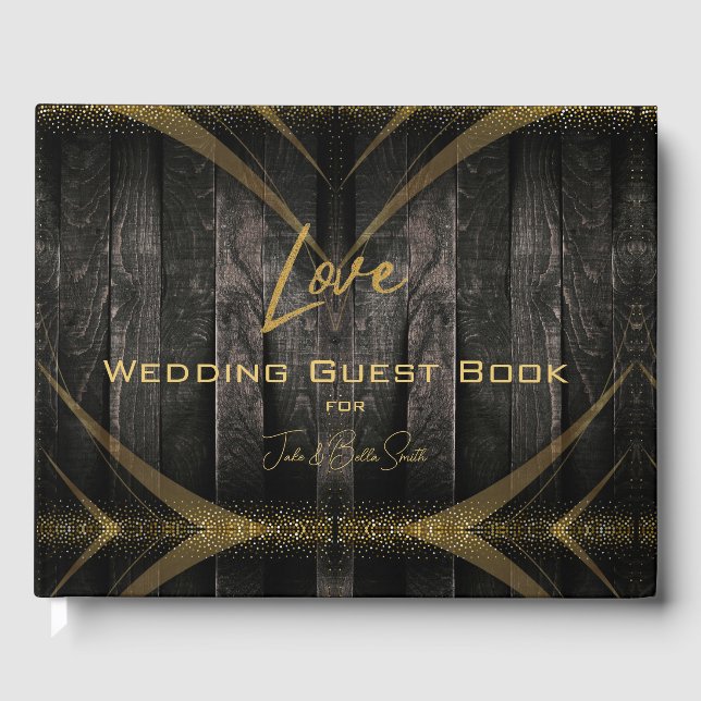 Livre D'or Élégant noir brillant Mariage en bois rustique (Recto)
