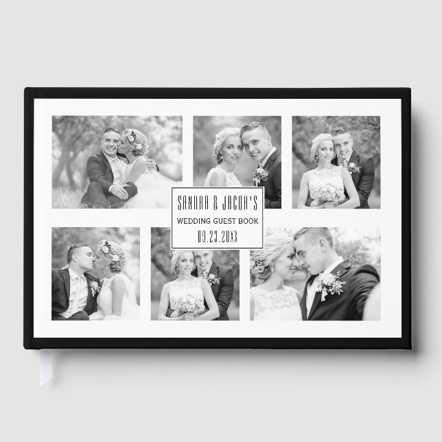 Livre D'or Élégant noir et blanc six photo collage mariage (Recto)