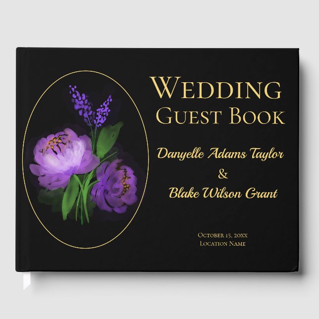 Livre D'or Elégant noir & or, Aquarelle Floral Mariage Gu (Recto)