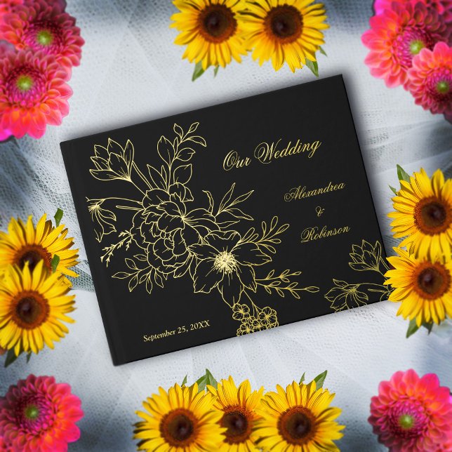 Livre D'or Elégant or Floral Fleurs Mariage noir (Elegant Gold Floral Flowers Wedding Black Guest Book is  great keepsake for guest to sign. )