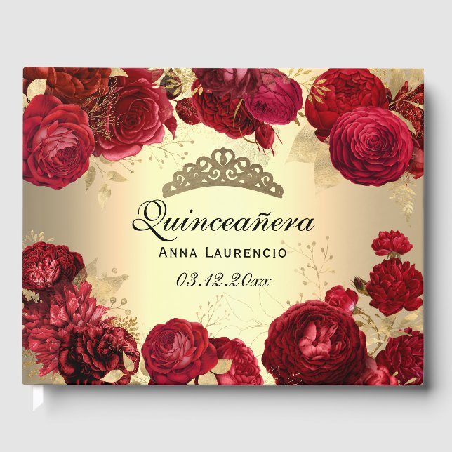 Livre D'or Elégant Or Roses Rouges Quinceanera Personnalisé (Recto)