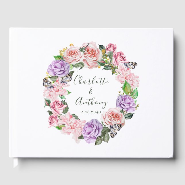 Livre D'or Élégant papillon floral rose Mariage vert (Recto)