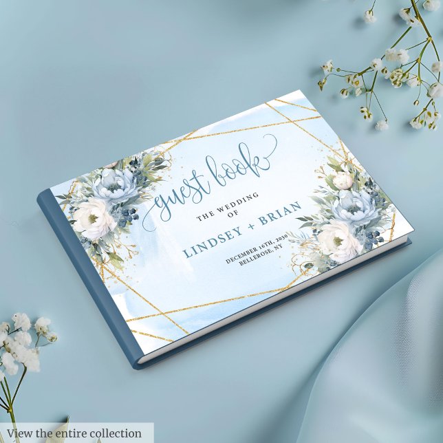 Livre d'or élégant Pastel Blue White Gold Peonies (Stylish Pastel Blue White Gold Peonies Guest Book)