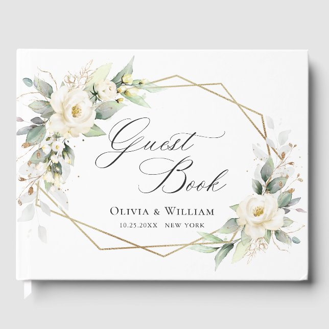 Livre D'or Elégant Pastel White Roses Eucalyptus Mariage (Recto)
