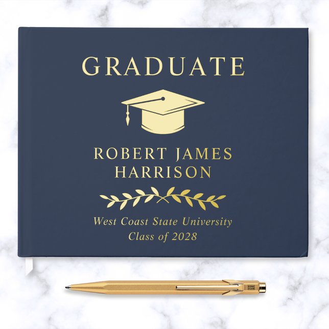 Livre D'or Elégant Photo Gold Foil Blue Graduation Party (Créateur téléchargé)