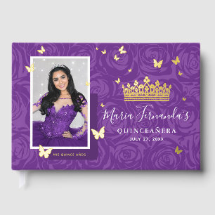 Livre D'or Élégant Photo Violet Quinceanera Or Réel