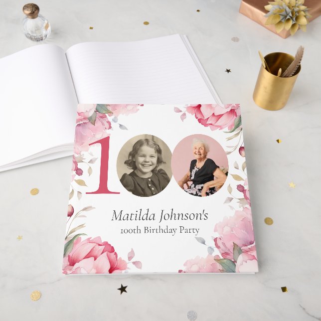 Livre D'or Elegant Pink Floral Photo 100th Birthday (Recto ouvert)