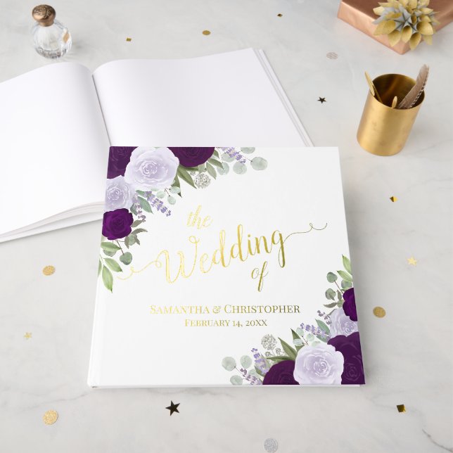 Livre D'or Élégant Plum violet Boho Roses Mariage à huile (Recto ouvert)