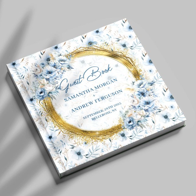 Livre d'or élégant poussiéreux bleu doré pailleté  (Elegant Dusty Blue Gold Glitter Wedding Guest Book)