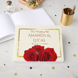 Livre D'or Elegant Red Roses and Gold Frame Cream Wedding