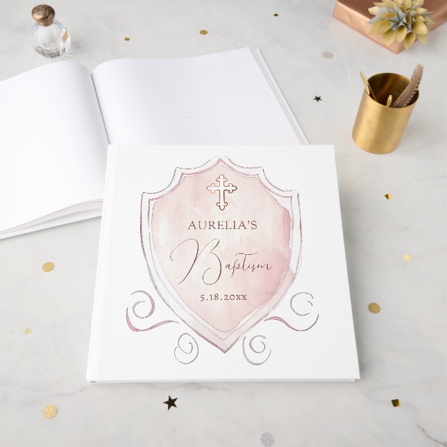 Livre D'or Élégant rose Aquarelle Crest Baptême (Recto ouvert)