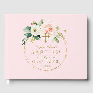 Livre D'or Élégant rose Blush Floral Gold Cross Baptême