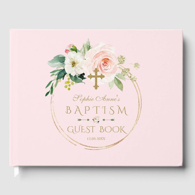 Livre D'or Élégant rose Blush Floral Gold Cross Baptême (Recto)