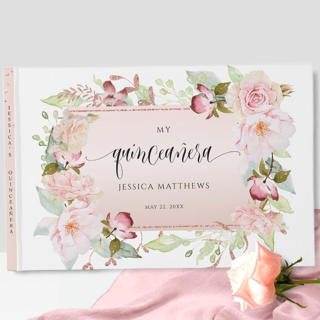 Livre D'or Elégant rose, Blush, Or Rose Quinceañera Floral (Créateur téléchargé)