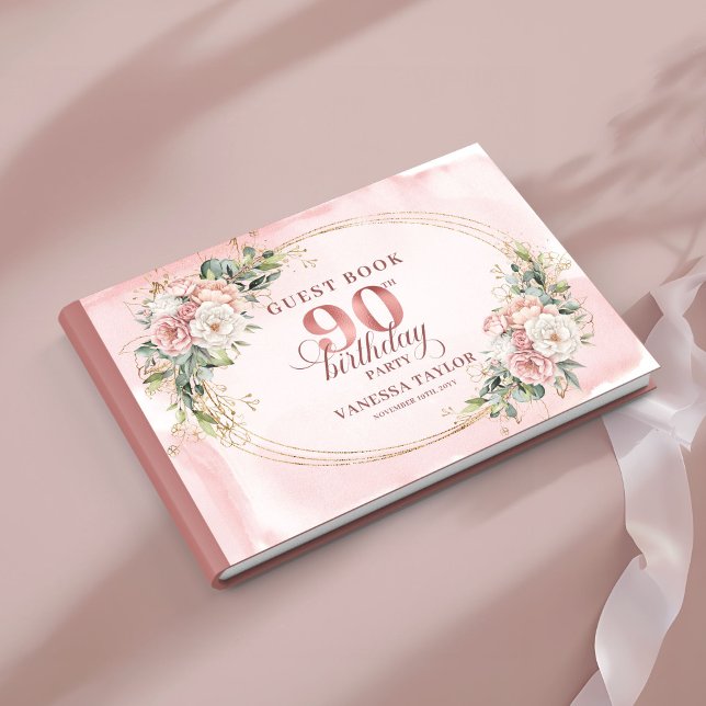 Livre D'or Elegant Rose Gold Greenery Floral 90th Birthday  (Elegant Rose Gold Eucalyptus 90th Birthday Guest Book)