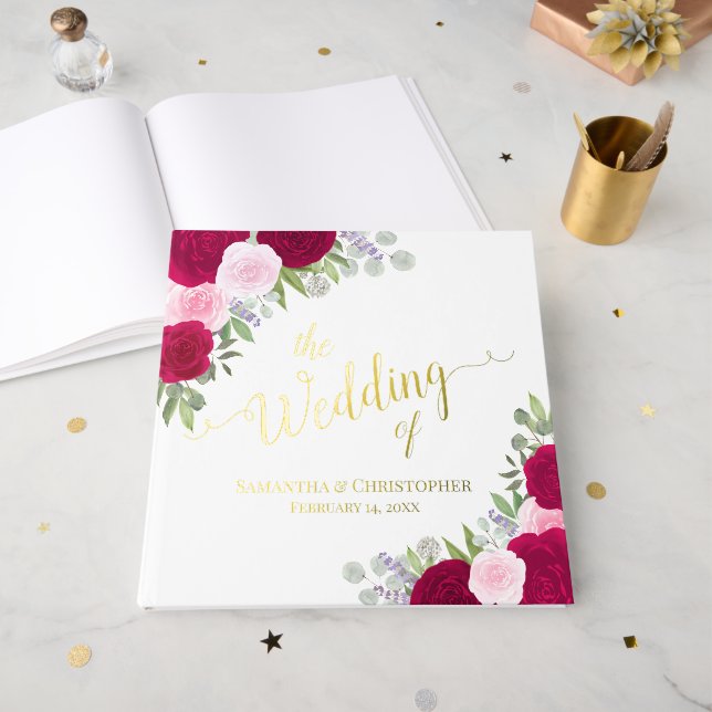 Livre D'or Élégant Rose Mariage à huile Magenta & Pink Boho (Recto ouvert)