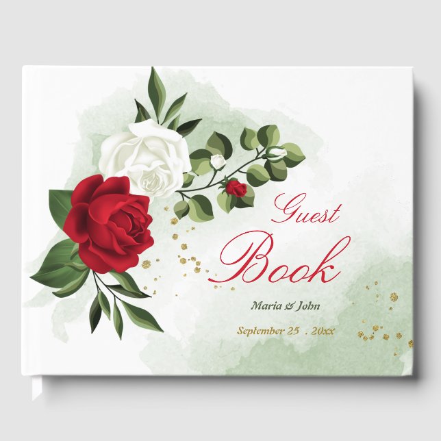 Livre D'or élégant rouge & blanc fleurs mariage de verdure (Recto)