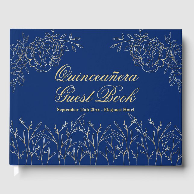 Livre D'or Elégant Royal Blue Gold Outline Floral Quinceanera (Recto)