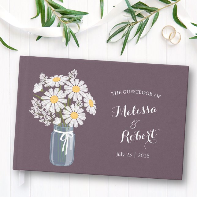 Livre D'or Elégant rustique Mason Jar Daisies Mariage violet (Créateur téléchargé)
