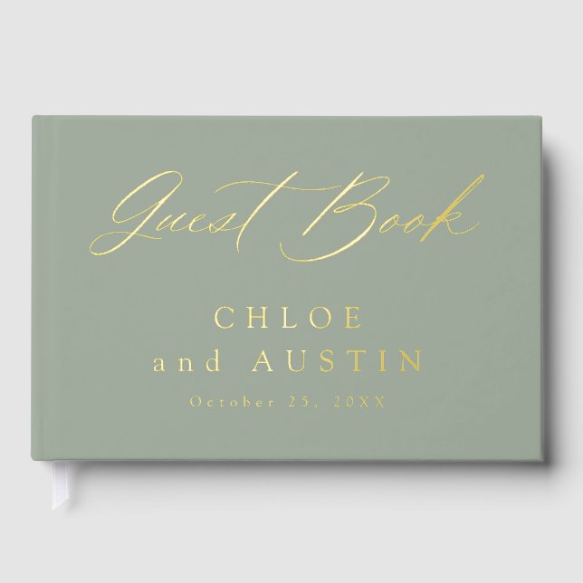 Livre D'or Elégant Sage Green et Gold Calligraphy Mariage Fo (Recto)