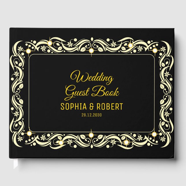 Livre D'or Élégant Script Golden Luxury Floral Mariage noir (Recto)