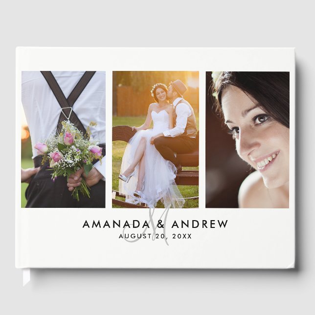 Livre D'or Élégant Simple Moderne Monogramme 3 Photos Mariage (Recto)