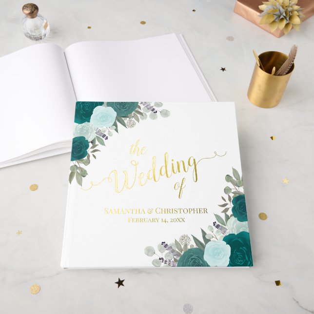 Livre D'or Elégant Turquoise & Aqua Boho Chic Rose Mariage à  (Recto ouvert)