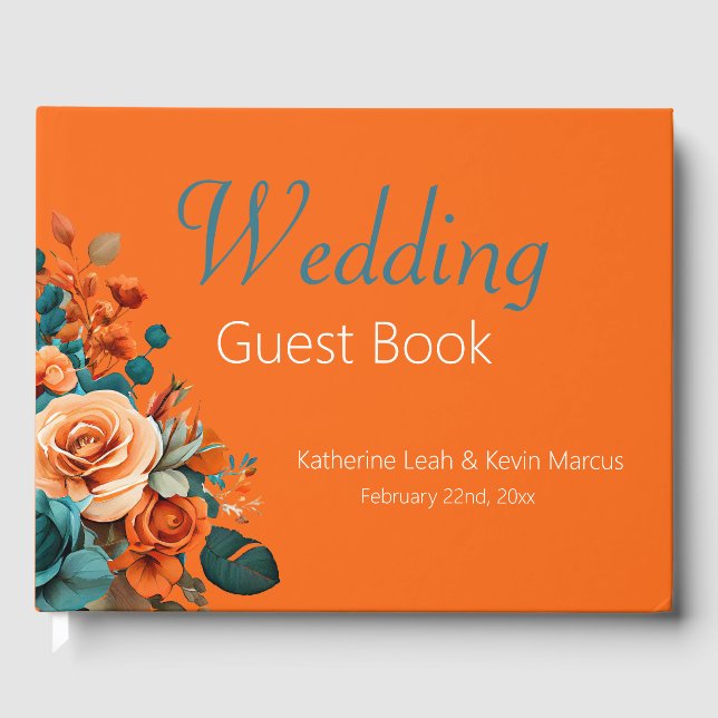 Livre D'or Elégant Turquoise et Mariage Floral Orange (Recto)