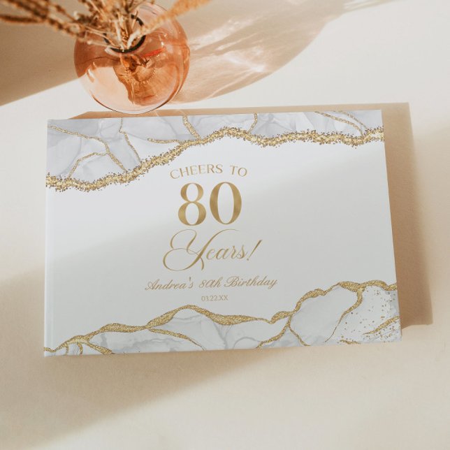 Livre D'or Elegant White Gold Agate 80th Birthday Party (Créateur téléchargé)