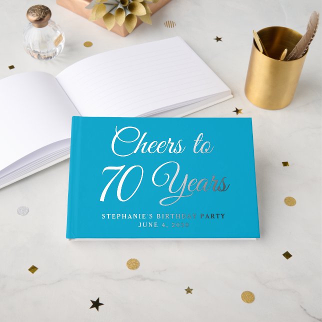 Livre D'or Elégante Aqua Blue Foil encourage à 70 ans (Recto ouvert)
