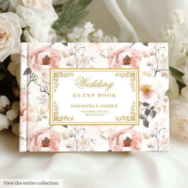 Livre D'or Elégante aquarelle bleu fleurs or mariage (Elegant watercolor blush flowers gold wedding Guest Book)