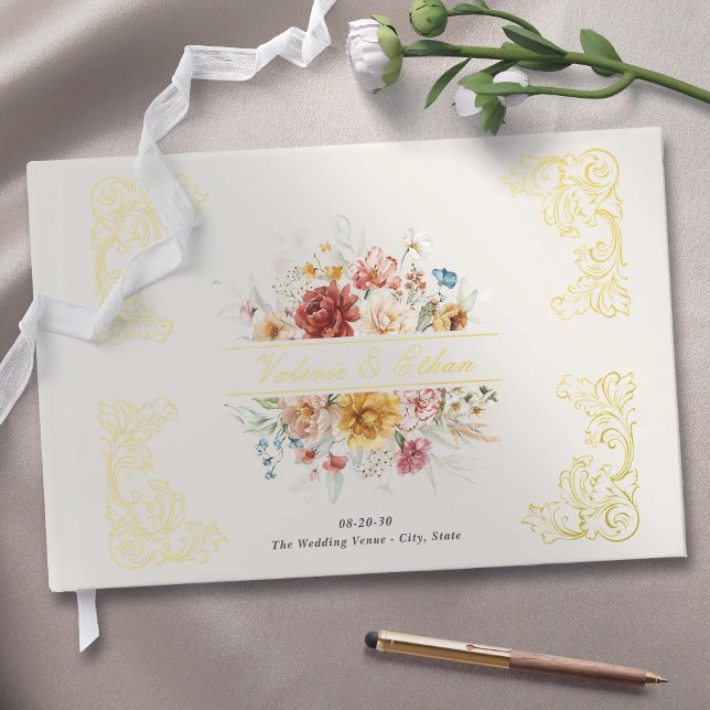 Livre D'or Elégante aquarelle Floral Jardin Mariage Or (Elegant Watercolor Floral Garden Wedding Gold.
Personalized couple names guest book for garden wed.)