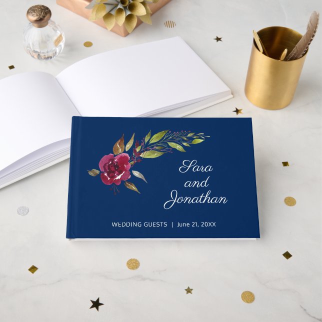 Livre D'or Elégante aquarelle Floral Mariage bleu foncé (Recto ouvert)