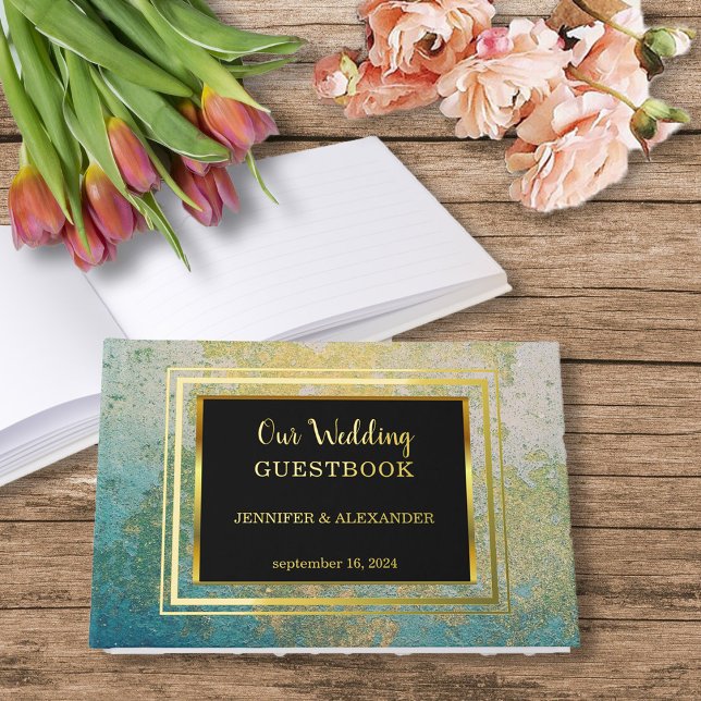 Livre D'or Elégante aquarelle mariage or Foil Guestbook (Elegant chic watercolor splash, black gold foil wedding guestbook. )